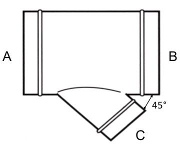 Technical drawing of 45 degree Spiral Lateral Wyes 3" to 18" 22 ga. Galvanized steel fully welded construction Male ends fits INSIDE spiral pipe.