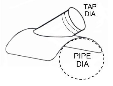 Technical drawing of 45 degree Spiral In-Cut Saddle Tap. 4" to 16". Galvanized steel welded construction. Male tap end fits INSIDE spiral pipe. Dust Collection HVAC