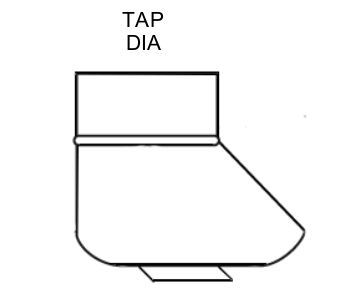 Technical drawing of 90 degree 4" through 18" In-cut saddle Shoe Tap Galvanized steel construction. Saddles are universal fit. Male tap end fits INSIDE spiral pipe. Dust collection HVAC