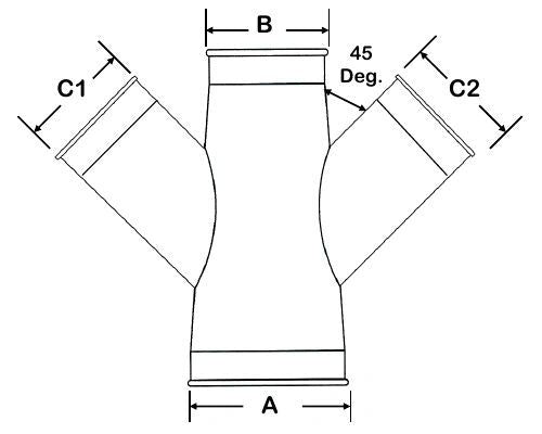 Technical drawing of U-Duct - (Double Branch) 45 degree Fitting, Dust Collection 14"-14"-14"-14" through 14"-12"-09"-03", Clamp-together Duct (Compatible with Nordfab, Quick-fit, QF, KB, US Duct, Ducts Inc., Grizzly Duct)