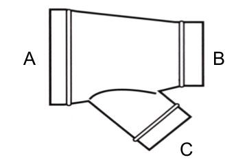 Technical drawing of 45 degree 4" to 12" Reducing Lateral Wyes Galvanized steel Male ends fits INSIDE spiral pipe. Recommended for dust collection and suction systems