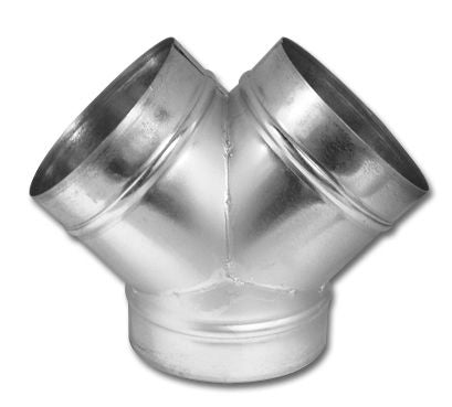 45 degree Spiral 'Pants Leg' True Wye design 3" to 20" Galvanized steel fully welded construction Male ends fits INSIDE spiral pipe. Ideal for Dust Collection, Fume Venting, and HVAC systems