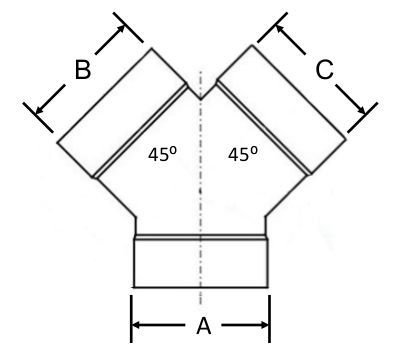 Technical drawing of 45 degree Spiral 'Pants Leg' True Wye design 3" to 20" Galvanized steel fully welded construction Male ends fits INSIDE spiral pipe. Ideal for Dust Collection, Fume Venting, and HVAC systems