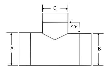 Technical drawing of 90 degree Spiral Lateral Tee 3" through 20" Galvanized steel Male ends fits INSIDE spiral pipe. Not recommended for material collection.