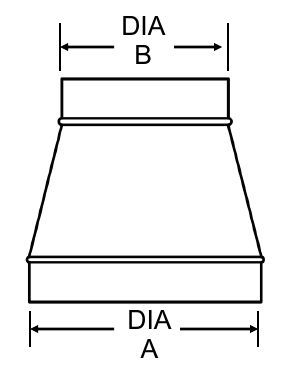 Technical drawing of Spun Reducer 3" through 16" Galvanized Steel spun wall construction Male ends fit INSIDE spiral pipe.Secure with sheet metal screws or pop rivets (fasteners not included).