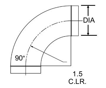 Technical drawing of U-Duct - Elbow, 90 degree 1.5 Centerline Radius, for Clamp-together Duct (Compatible with Nordfab, Quick-fit, Coima Duct,QF, KB, US Duct, Ducts Inc.)
