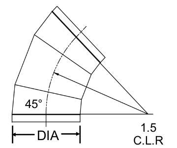 Technical drawing of U-Duct - Elbow, 45 degree 1.5 Centerline Radius, for Clamp-together Duct (Compatible with Nordfab, Quick-fit, Coima Duct,QF, KB, US Duct, Ducts Inc.)