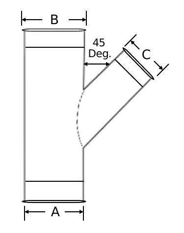 Technical drawing of U-Duct - Single Branch Fitting 45 Degree, Dust Collection 12" through 18" 45 degree, (Compatible with Nordfab, Quick-fit, Coima Duct,QF, KB, US Duct, Ducts Inc.)
