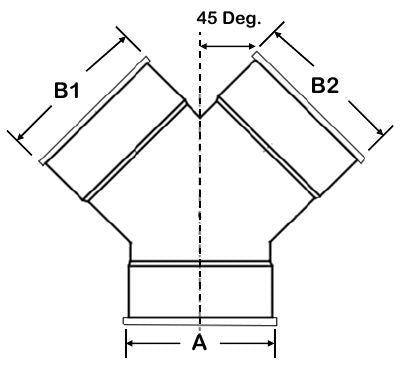Technical drawing of U-Duct - (Double Branch) 45 degree Fitting, Dust Collection 18" through 24",(Compatible with Nordfab, Quick-fit, Coima Duct,QF, KB, US Duct, Ducts Inc.)