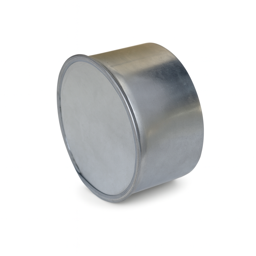 Spiral Pipe End Cap 3" through 36" Galvanized steel collar and flat top. Male end fits INSIDE spiral pipe. Made to cap off open spiral pipe runs. Secure with sheet metal screws or pop rivets (fasteners not included).