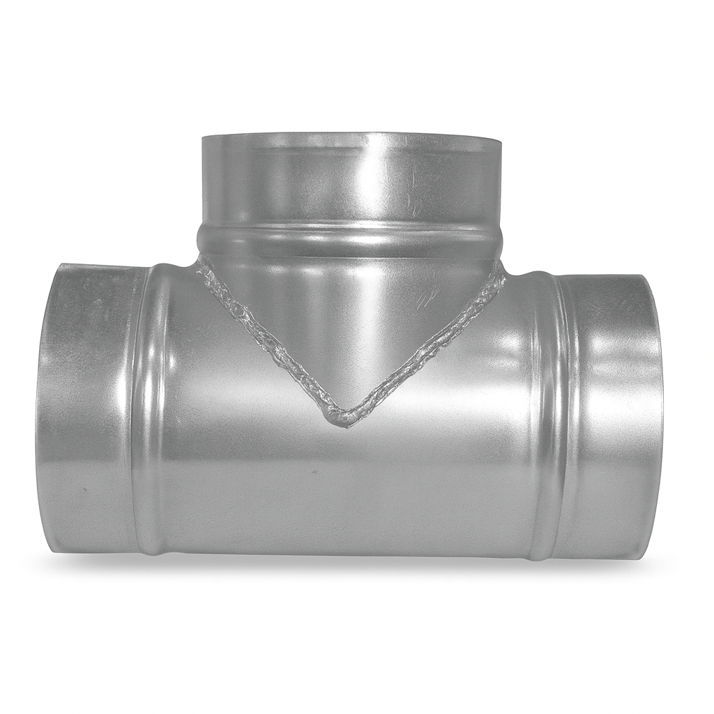 90 degree Spiral Lateral Tee 3" through 20" Galvanized steel Male ends fits INSIDE spiral pipe. Not recommended for material collection.