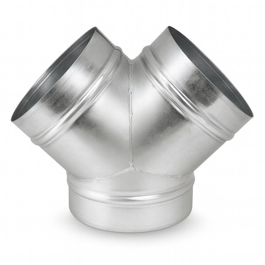 45 degree Spiral 'Pants Leg' True Wye design 3" to 20" Galvanized steel fully welded construction Male ends fits INSIDE spiral pipe. Ideal for Dust Collection, Fume Venting, and HVAC systems