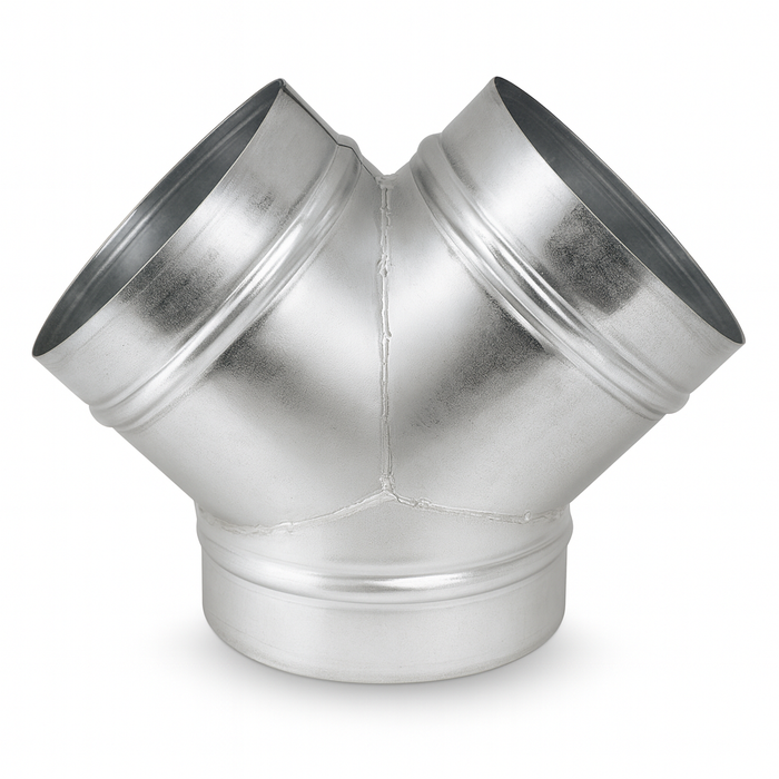 45 degree Spiral 'Pants Leg' True Wye design 3" to 20" Galvanized steel fully welded construction Male ends fits INSIDE spiral pipe. Ideal for Dust Collection, Fume Venting, and HVAC systems